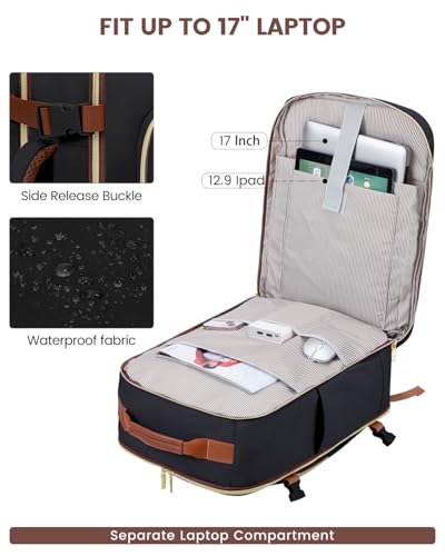 LOVEVOOK 40L Travel Backpack for Women & Men, Airline Approved Carry On Luggage with 3 Packing Cubes, TSA Overnight Bags, Waterproof Personal Item Bag, Weekender Essentials Backpacks fits 17" Laptop - color: Black-brown, size: Large