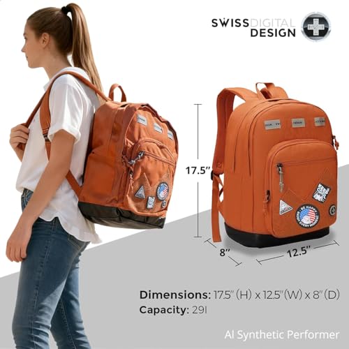 Swissdigital Design Big Student Laptop Backpack with Fun Personalized Patches For College Boy & Girl, Middle High School Teen Bookbag Cool Travel Daypack Orange - Includes 3 Patches | SD1718-33 - color: Burnt Orange
