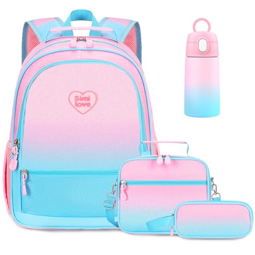 Kids Backpack for Girls 5-8, 4PCS Toddler Backpack with 13oz Kids Insulated Water Bottle, Lunch Box and Pencil Case, Girls Bookbag Schoolbag for Primary Kindergarten Elementary School - color: Pink Blue