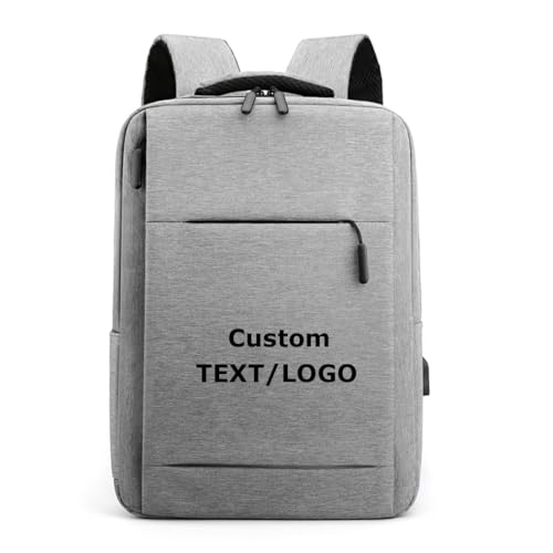 Custom Backpacks for 15.6 inch Laptop Personalized Back Pack with Name TEXT LOGO Image USB Charging Port Men Women (Grey) - color: Grey