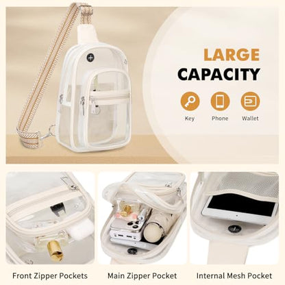MOONBABY Clear Bag for Stadium Events, Clear Backpack Purse for Women Waterproof TPU Crossbody Fanny Pack | for Stadium Events - color: Leather White