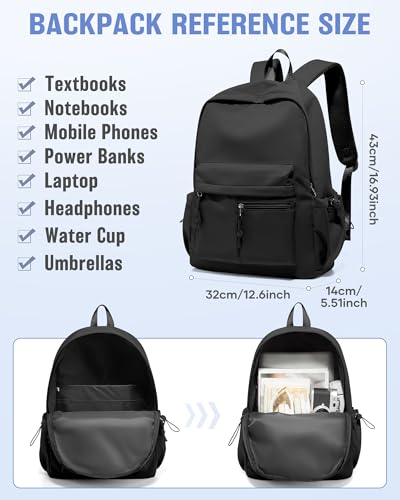 Black School Backpack for Girls Boys Bookbag Cute Aesthetic College Backpack Women Middle High School Teen Students Book Bag Lightweight Gym Work Laptop Casual Daypack Backpacks Men - color: Black