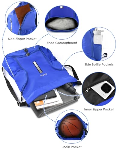BROTOU Soccer Drawstring Backpack, Basketball Bag, Volleyball Football Bags with Ball and Shoe Compartment - color: Blue