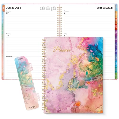 SUNEE Academic Planner 2026-2027 – Weekly & Monthly Planner, July 2026 to June 2027, 8.5"x11", Thick Paper, Tabs, Pockets, Bookmark, Spiral-Bound, Student Teacher Organizer, Marble - color: Pink Marble
