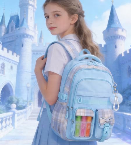 Girls Backpack, 17-Inch Bookbag for Middle & Elementary School, Kawaii Kids Backpack for Girls Ages 6-12(Blue) - color: Blue