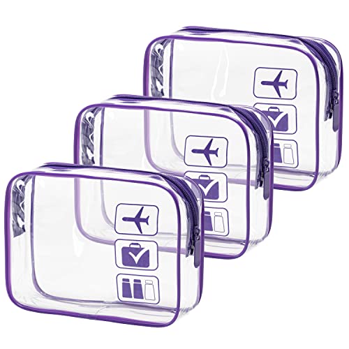 MODENGKONGJIAN TSA Approved Toiletry Bag, 3 Pcs Clear Toiletries Bags Quart Size Travel Makeup Cosmetic Bag for Women Men, Carry on Airport Airline Compliant Bag (Purple) - color: Purple