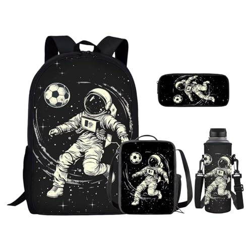 Backpack for Boys Girls Astronaut Playing Soccer Lunch Bag with Handles Novelty Pencil Case for Stationery Essentials Reusable Water Bottle Holder with Adjustable Strap 4PCS Backpack Set - color: Astronaut Playing Soccer