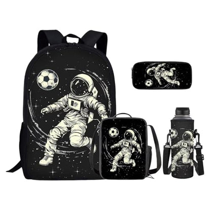 Backpack for Boys Girls Astronaut Playing Soccer Lunch Bag with Handles Novelty Pencil Case for Stationery Essentials Reusable Water Bottle Holder with Adjustable Strap 4PCS Backpack Set - color: Astronaut Playing Soccer