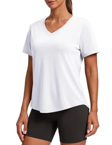 PINSPARK Soft Workout Tops for Women Short Sleeve V Neck Moisture Wicking UPF 50+ Sun Protection Quick Dry Gym Shirts - color: 02 White, size: Small