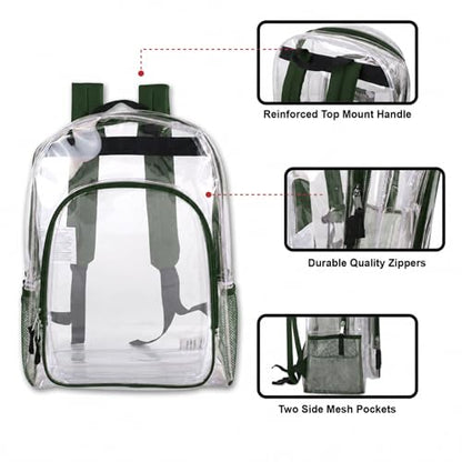 Heavy Duty Clear See Through Backpack | Transparent Clear Backpack Bags Stadium Approved for Women, Men, School, Travel - color: Green