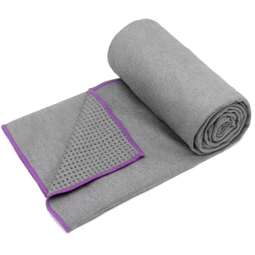 Eunzel Hot Yoga Towel - Microfiber Non Slip Yoga Mat Towel with Grip Dot Sweat Absorbent Towel for Hot Yoga, Pilates and Fitness 72" x 24", Dark Grey/Purple - color: Grey/ Purple