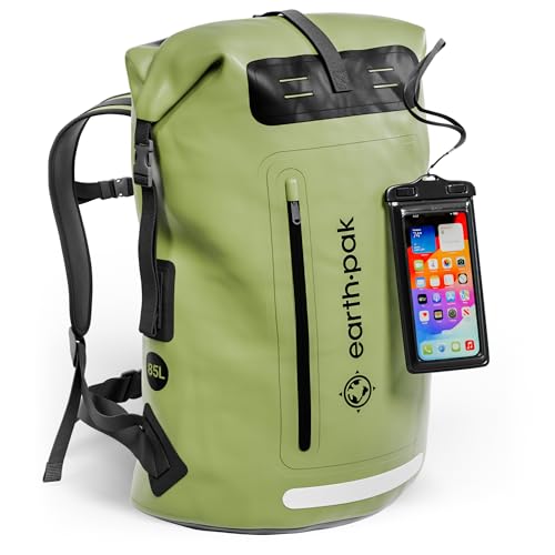 Earth Pak Waterproof Backpack - Heavy Duty Hiking Backpack - Roll-Top Closure Bag - Cushioned Dry Bag Waterproof Phone Case - color: Green, size: 85L