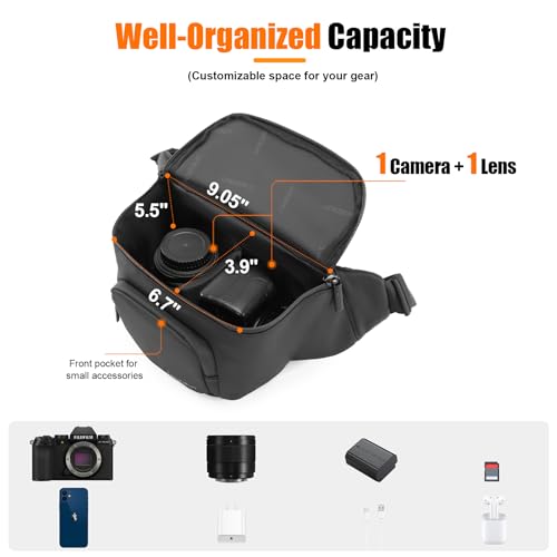 Cwatcun Waterproof Camera Waist Bag Compact Camera Case, Lightweight Portable Fanny Pack, Daily Carry Storage Case Crossbody Bag for Canon, Nikon, Sony, Fuji DSLR/SLR/Mirrorless Camera, Lens, Black - size: Small