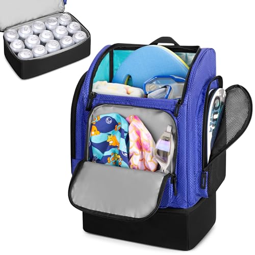 Fasrom Mesh Beach Backpack with Insulated Cooler Compartment, Wet Dry Separation Beach Bag, Large Capacity Tote for Swim - color: Blue