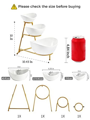 LYEOBOH 3 Tier Serving Bowls Set Tiered Serving Stand, Porcelain Oval Bowls with Collapsible Metal Stand for Entertaining, Party, Dessert Display, Candy, Chip and Dip (Gold)-45oz / 17.5oz / 7oz - color: Gold, style: Oval bowls