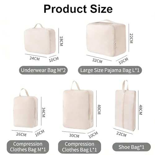 6 Set Packing Cubes Compression Bags for Travel, Waterproof Luggage Organizer, Travel Essentials for Cruise Vacation, Beige - color: Beige