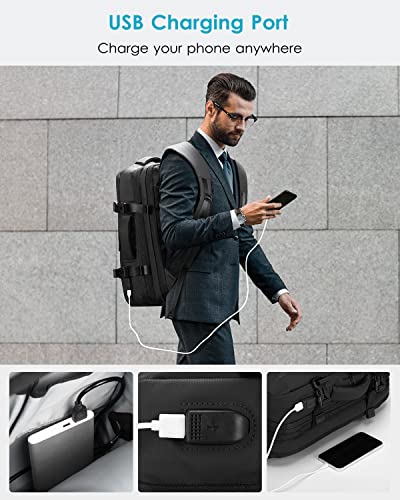 HOMIEE 40L Travel Backpack Expandable Carry on Backpack Fit 15.6 Inch Laptop with USB Charging Port for Business Weekender, TSA Approved Personal Item Bag Waterproof Luggage Suitcase - color: Black