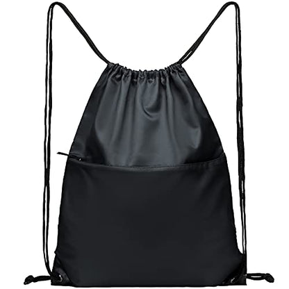 Drawstring Backpack Sports Water Resistant String Bag Sport Gym Sackpack for Women Men Large with Zipper, Black - color: Black