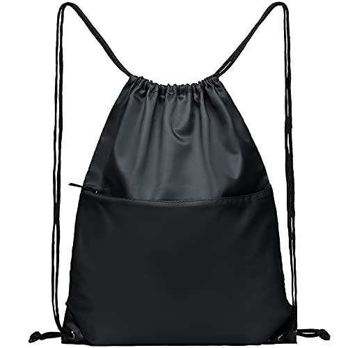 Drawstring Backpack Sports Water Resistant String Bag Sport Gym Sackpack for Women Men Large with Zipper, Black - color: Black