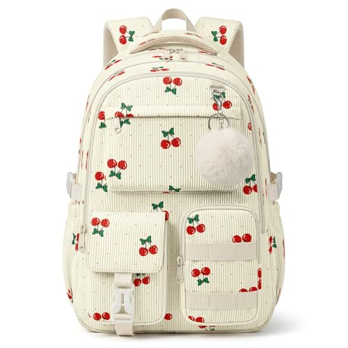 Corduroy Backpack for Teen Girls, Aesthetic Cute Cherry School Backpack with Multi-Pocket, Lightweight Bookbag Fits 15.6 Inch Laptop, Large Capacity Casual Daypack for School Travel - color: Cherry
