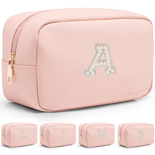 VLANDO Graduation Gifts,Girls Makeup Bag Travel Bag Makeup Pouch for Bridal Shower Gifts Wedding Gift Pearl Patch Makeup Purse for Teen Girls Trendy Stuff Letter A - color: 03-Pink-A