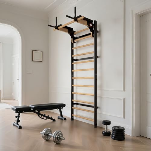 Swedish Ladder Pro, Wood Stall Bar with Push-Through Bar, Adjustable Pull-Up Dip Bar for Adults and Kids, Accessories Bundle, Spring, for Home, School, Physical Therapy and Gymnastics - size: 40"x90“x3"