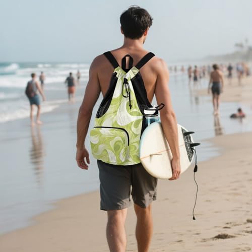 Drawstring Gym Sackpack With Pockets Mens Drawstring Bags with Wet Dry Compartments Leaf Wave Pattern Green