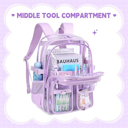 Clear Backpacks for Stadium Events Heavy Duty Clear Bookbag for School Girls Transparent Back Pack, Purple - color: Purple
