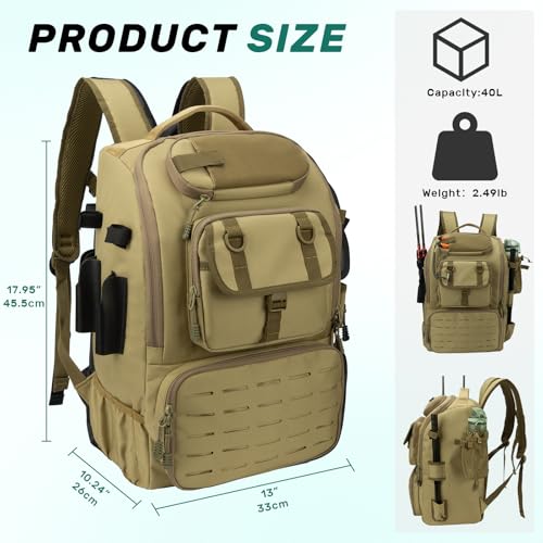 Pyrrhus 40L Fishing Backpack with Rod Holders & Insulated Cooler Compartment, Camping Cooler Tackle Storage for Anglers - color: Khaki