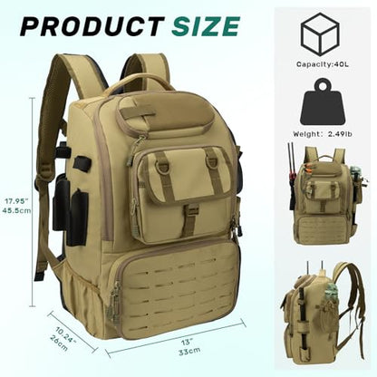 Pyrrhus 40L Fishing Backpack with Rod Holders & Insulated Cooler Compartment, Camping Cooler Tackle Storage for Anglers - color: Khaki