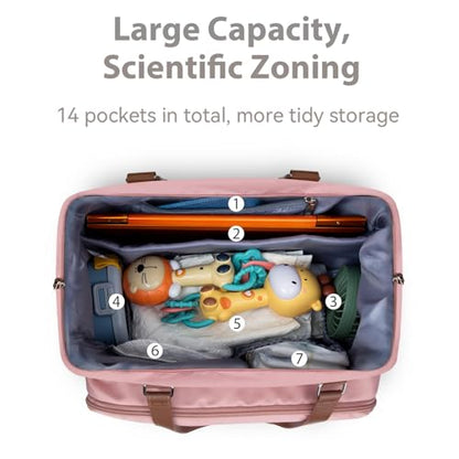 Mom‘s Diaper Bag 4 in 1 Diaper Baby Tote, Hospital Bag for Labor & Delivery, Large Waterproof Baby Travel Weekender with 3 Insulated Pockets, Pink - color: Pink M