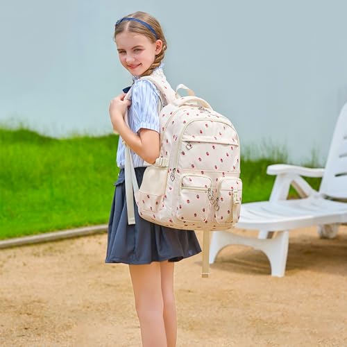 Girls Backpack Lightweight Bookbags for High School Laptop Backpack For College Women Big Student Daypack Casual (Strawberry-Beige) - color: Strawberry-beige