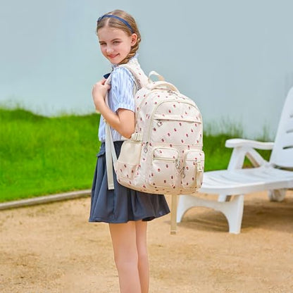 Girls Backpack Lightweight Bookbags for High School Laptop Backpack For College Women Big Student Daypack Casual (Strawberry-Beige) - color: Strawberry-beige