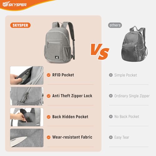 SKYSPER Anti Theft Hiking Backpack, 20L RFID Packable Travel Daypack, Lightweight Foldable Back Pack for Walking Daytrip - color: Grey