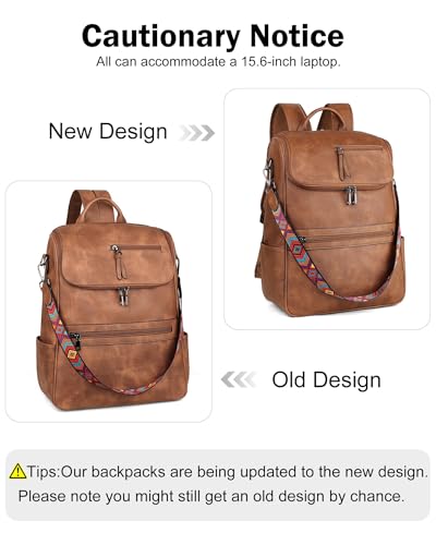 FADEON Laptop Backpack for Women Leather Travel Backpack with Laptop Compartment, Designer PU Shoulder Laptop Bag Black Brown - color: Retro Black With Brown