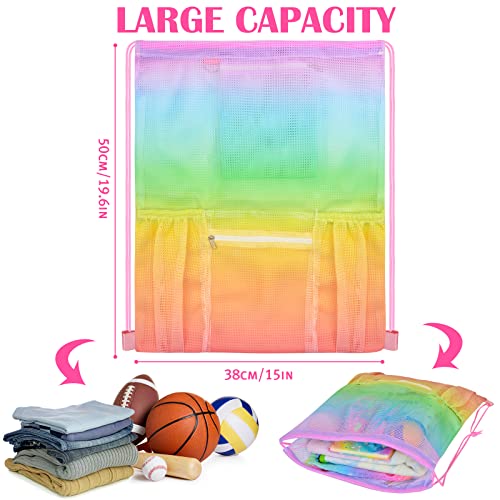 Mesh Drawstring Bag with Zipper Pocket, Beach Bag for Swimming Gear Backpack Gym Storage Bag for Adult - color: Rainbow