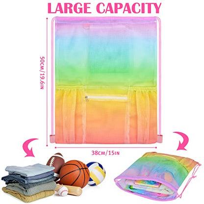 Mesh Drawstring Bag with Zipper Pocket, Beach Bag for Swimming Gear Backpack Gym Storage Bag for Adult - color: Rainbow
