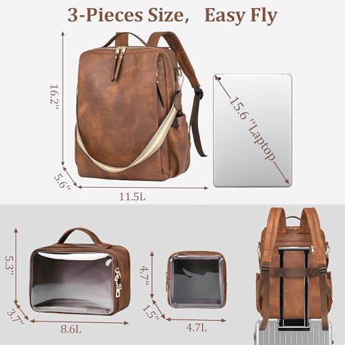 Dora & Liz Laptop Backpack for Women, Leather Travel Backpack with 15.6 Inch Laptop Compartment, College Work Computer Bag (Caramel-3P) - color: Caramel-3p