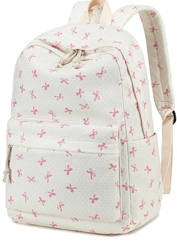 LEDAOU Kids Backpack for Girls Boys Preschool Kindergarten Elementary School Bookbag Toddler School Bag with Chest Strap - color: Pink Bow-beige