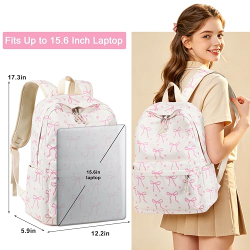 LEDAOU School Backpack for Teen Girls - 15.6 Inch Laptop Backpack, Cute Bow Aesthetic Bookbag, Lightweight Water Resistant Daypack for Middle High School, College and Travel - color: A-pink Bow Tie