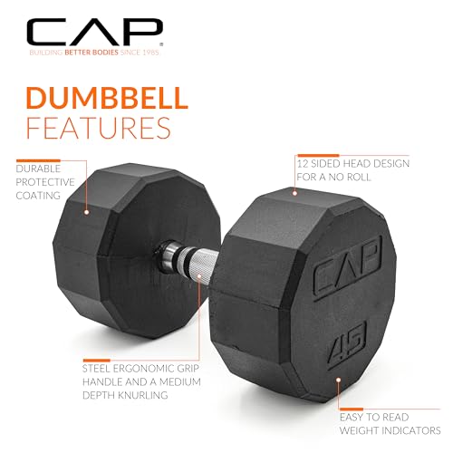 CAP Barbell Coated Hex Dumbbell Weight - Single | 10-120 lbs | Multiple Options - size: 45 lb, style: 12-Sided - Chrome Handle