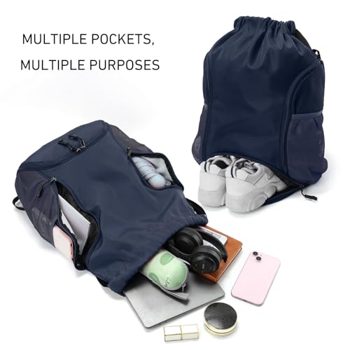 Valleycomfy Sports Gym Bag Drawstring Backpack with Shoes Basketball Bag and Two Water Bottle Holder,Dark Blue - color: Dark Blue