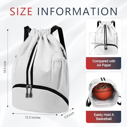 PinCute Drawstring Backpack for Women Men, Gym Bag for Soccer, Basketball, Swim, Beach, Water-Resistant Sports Backpack with Wet Pocket and Shoe Compartment, White - color: White