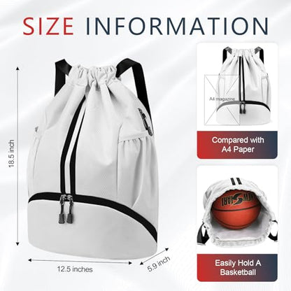 PinCute Drawstring Backpack for Women Men, Gym Bag for Soccer, Basketball, Swim, Beach, Water-Resistant Sports Backpack with Wet Pocket and Shoe Compartment, White - color: White