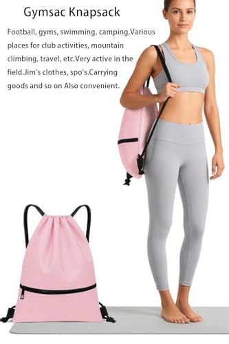 Water-Resistant String Bag for Women Men with Shoes Compartment and Zippered Pocket for Soccer, Basketball, Swim (Pink, 16.5 * 19 inches) - color: Pink