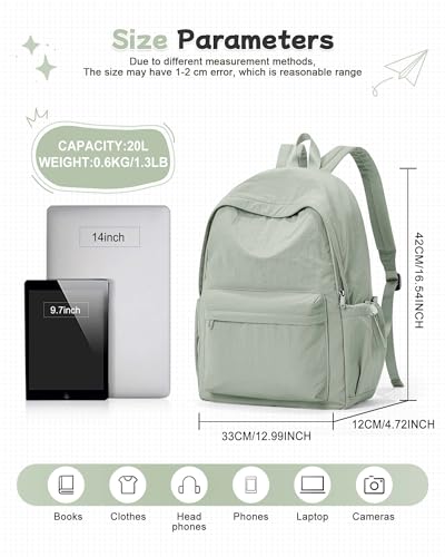 BJLFS Green Cute School Backpack with Laptop Compartment Small Travel Laptop Backpack for Women Men Waterproof College Backpack Simple School Bag for Teens Girls Boys - color: Green