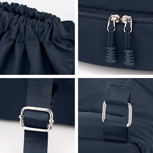 Sport Gym Bag Drawstring Backpack Beach Bag for Men Women with Shoe Compartment and Reflective Strips (Dark blue) - color: Dark Blue