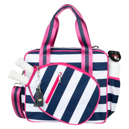 Cute Prepster Pickleball Bag for Women with Fence Hook, Tote with Pockets for Water Bottle, Paddles, Balls, Accessories - color: Navy Stripe/pink