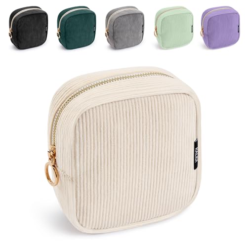 WLLWOO Small Makeup Bag for Purse Corduroy Mini Cosmetic Pouch Ring Zipper Portable Travel Toiletry Organizer for Women Pencil Case Coin - color: Small-Beige-1pcs
