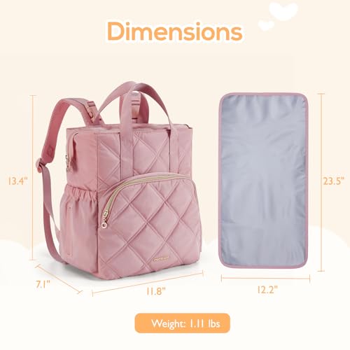 mommore Quilted Diaper Bag Backpack, Small Baby Bags, Lightweight Mini Diaper Backpack for Travel, with Insulated Pockets, Changing Pad (Pink) - color: Top Handle-pink